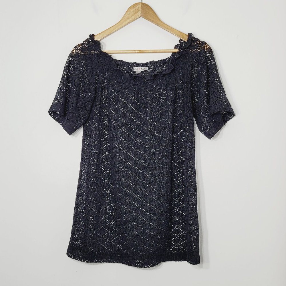 Joy Joy Sheer Black Lace Cover Up Short Sleeve Elastic Neckline Mini Dress Sz XS